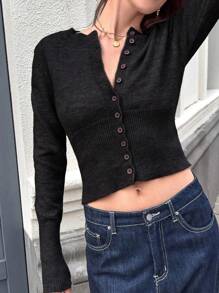 INAWLY Women Solid Color Round Neck Single-Breasted Casual Knitted Cardigan, Autumn & Winter  Fall Outfit