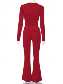 INAWLY Solva 2pcs Women Solid Color Crew Neck Long Sleeve Top And Pants Casual Set
