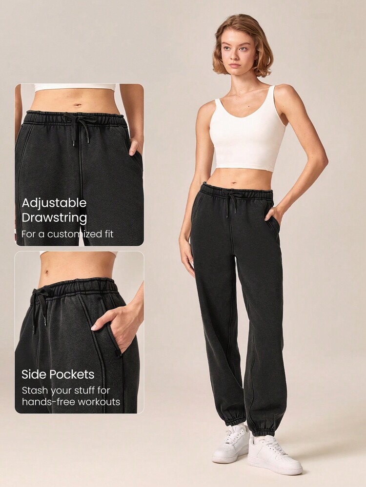 GLOWMODE 28 英寸羊毛柔软保暖可调节抽绳腰部慢跑裤带侧袋日常休闲秋冬 - 黑色 - 查看 4