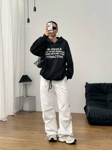 SHEIN Unity 女士抓绒超大款连帽衫，印有性感图案，秋季运动套头衫 - 黑色 - 查看 1