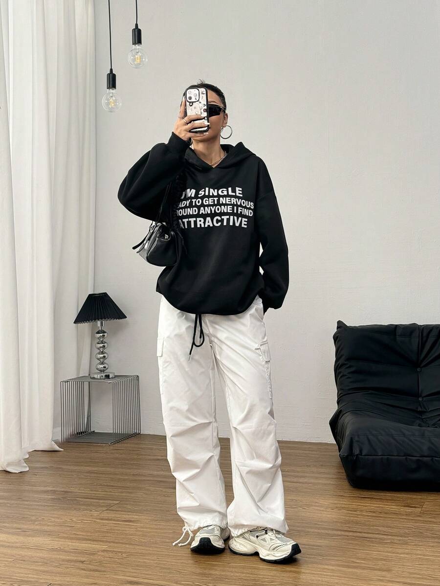 SHEIN Unity 女士抓绒超大款连帽衫，印有性感图案，秋季运动套头衫 - 黑色 - 查看 1