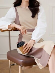 DAZY Váy len thắt eo phối màu cho nữ, trang phục mùa thu - Màu Khaki - Xem 7