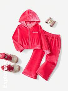 SHEIN 2 件套女孩刺绣字母天鹅绒柔软有弹性运动休闲装，时尚舒适 - 粉色 - 查看 2