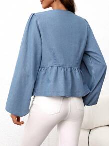 SHEIN Essnce 1 件女士休闲日常前系带灯笼袖牛仔衬衫，秋季