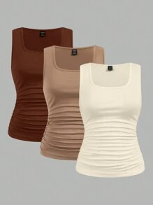 SHEIN LUNE 3pcs/Set Casual Solid Color Slim Fit Camisole Tank Top For Women, Suitable For Autumn And Summer