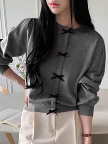 DAZY 女士休闲撞色蝴蝶结装饰毛衣，秋冬，秋季女装 - 深灰色 - 查看 3