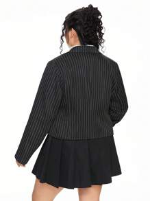 ROMWE Blazer Longo de Manga Longa com Cintura Marcada e Listras Vintage, Plus Size - Preto - Visão 5