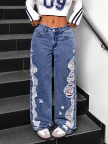 SHEIN ICON Women Plain Ripped Pocket Casual Loose Straight Leg Jeans - Blue - View 5