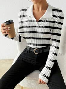 Chiquease 女士极简条纹刺绣针织毛衣上衣 秋冬款 - 黑與白 - 查看 4