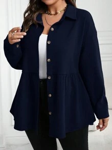 Plus Size Casual Solid Color Cinched Waist Shirt, Autumn