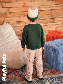 SHEIN 小男孩羊毛保暖圆领长袖图案运动衫和宽松图案运动裤 2 件套秋冬装 - 彩色 - 查看 2