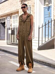 Manfinity Dauomo Men's Solid Color Sleeveless Hooded Jumpsuit, Casual Vacation Style - Green - View 5