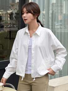 DAZY Women's Turn-Down Collar Loose Hem Drawstring Jacket Long Sleeve Top - White - View 4