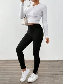 SHEIN LUNE LUNE 纯色针织罗纹弹力腰紧身裤 女款 黑色粒面面料