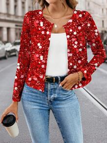 SHEIN Clasi 女式仿珍珠印花长袖前开襟夹克，适合派对和圣诞节、秋季 - 紅色 - 查看 7