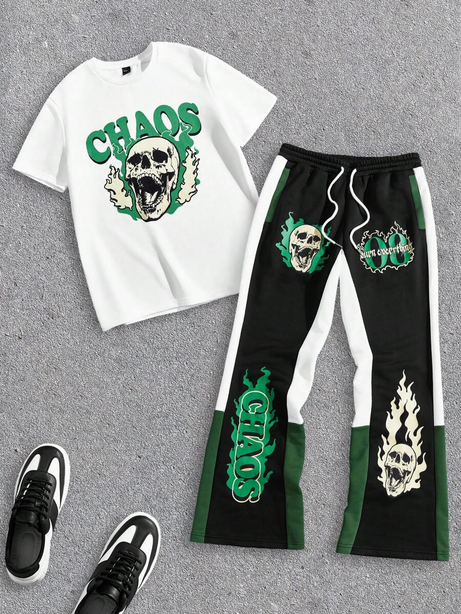 Manfinity VCAY Men's Letter & Skeleton Graphic Round Neck Short Sleeve T-Shirt And Drawstring Waist Pants 2 Pieces Casual Suit - Green - View 1