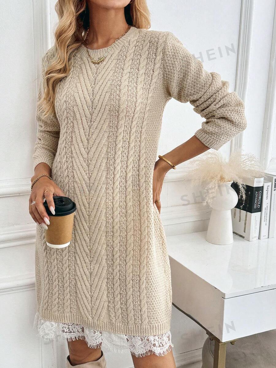 SHEIN Clasi Vestido/suéter de cuello redondo de punto trenzado estilo vintage para otoño/invierno, con panel de encaje y adorno de pelusa, vestido de cuello alto de longitud media, adecuado para salidas casuales, fiestas y compras