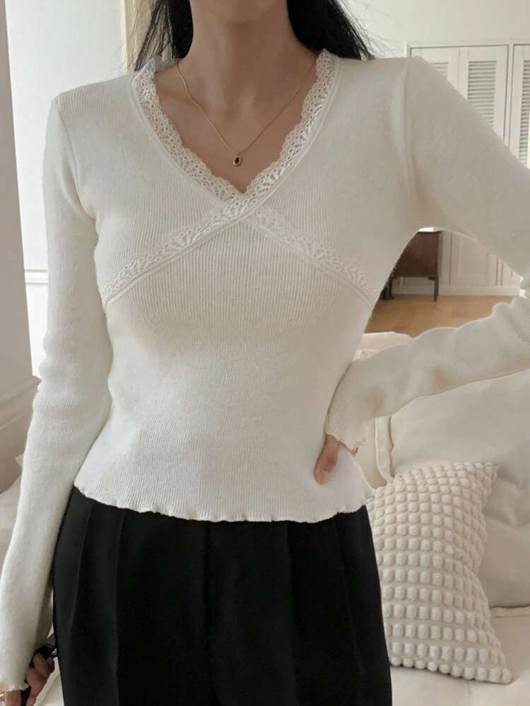 New Autumn Women Contrast Lace V-Neck Long Sleeve Slim Fit Sweater,Fall Women Clothes