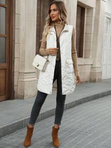 EMERY ROSE Women Winter Solid Color Zipper Collar Cargo Pocket Casual Padded Vest - White - View 4