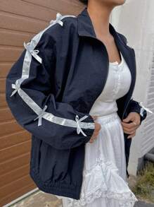 DAZY Contrast Ribbon Bow Printed Loose Women Jacket,Fall Women Clothes - Navy Blue - View 1