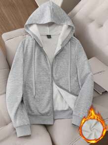 SHEIN LUNE Áo nỉ trùm đầu có dây rút lót nhiệt ấm áp mùa đông cho nữ - Màu Xám nhạt - Xem 1