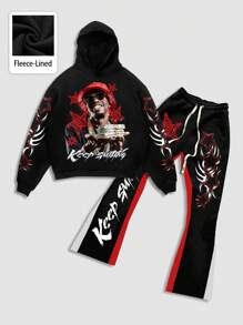 ROMWE MEN Street Life 2pcs Men Street Graphic Print Sweatshirt And Sweatpants Set, Suitable For Spring And Summer - Black - View 1