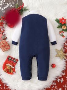 Áo sơ mi dài tay đơn hàng khuy đơn màu tương phản cho bé trai và quần yếm, phù hợp cho các hoạt động hàng ngày của bé, cho Giáng sinh - Màu xanh hải quân - Xem 2