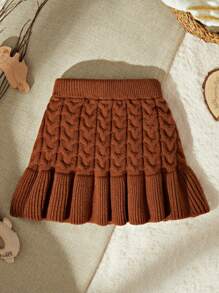 SHEIN Baby Girls Knitted Pleated Skirt, Brown & Coffee Color Elegant Versatile Everyday Stylish Dress, Suitable For Home, Outing, Travel & School - Coffee Brown - View 2