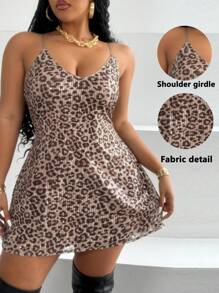 Maweii Vestido de fiesta con tirantes de espagueti, estampado de leopardo y lentejuelas para mujer talla grande - Marrón - Ver 1