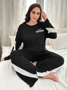1set Plus Size Color Block Letter Print Long Sleeve Top And Pants Sleepwear Lounge Set - Black - View 3