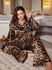 MuseNap CURVE Plus Size Elegant Leopard Print Embroidered Pocket Faux Silk Sleepwear Set, Fall Winter Clothes - Multicolor - View 3