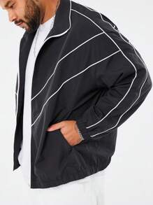 Manfinity NXTstreet Plus Size Men Woven Long Sleeve Jacket, Going Out Zipper Fashion Black Jacket, For Friends, Husband, Boyfriend Gifts