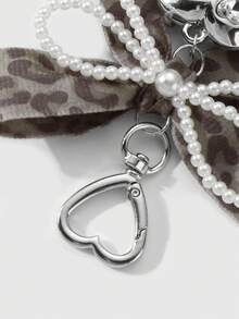 ROMWE Kawaii 1 件 INS 韩式创意时尚独特高品质手工串珠白色仿珍珠，棕色豹纹天鹅绒丝带蝴蝶结，玻璃水晶水钻心形吊坠钥匙扣，适合女性、日常佩戴、节日礼物 - 棕色 - 查看 5