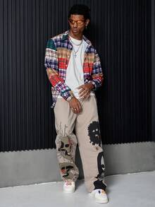 PAVTROS 男士成熟街头骷髅图案印花宽松阔腿休闲裤，长款宽松休闲裤，适合老公、男朋友的礼物 - 米色 - 查看 5