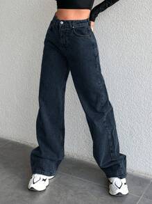 SHEIN Cottnline High Waist Straight Leg Jeans - Navy Blue - View 1