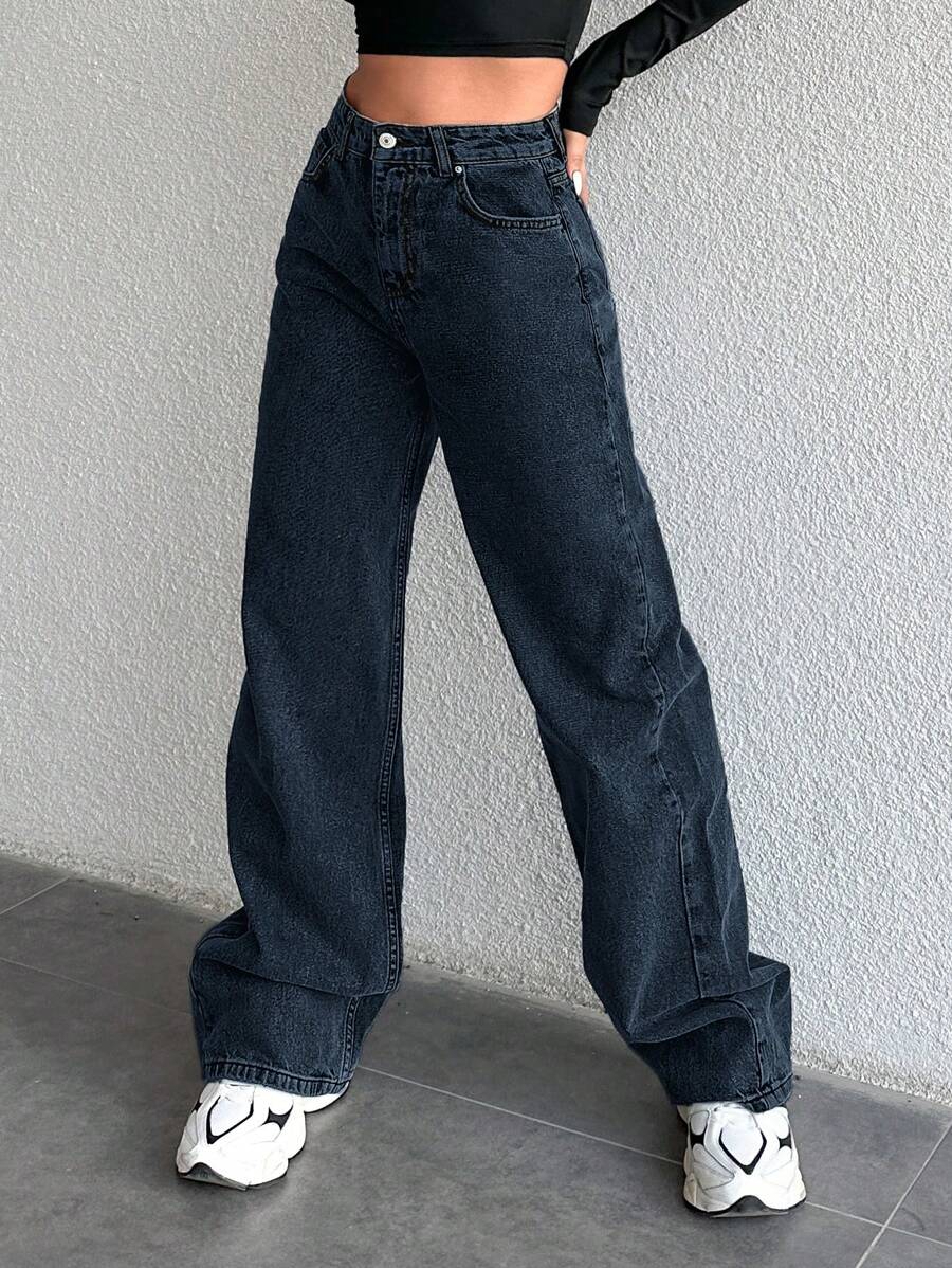 SHEIN Cottnline High Waist Straight Leg Jeans - Navy Blue - View 1