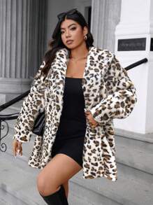 Allurite Plus Size Open Front Leopard Print Casual Long Sleeve Jacket For Everyday Wear - Beige - View 5