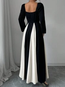 Rafferiza Robe longue femme élégante en patchwork à manches longues en contraste noir et blanc - Noir - Voir 2
