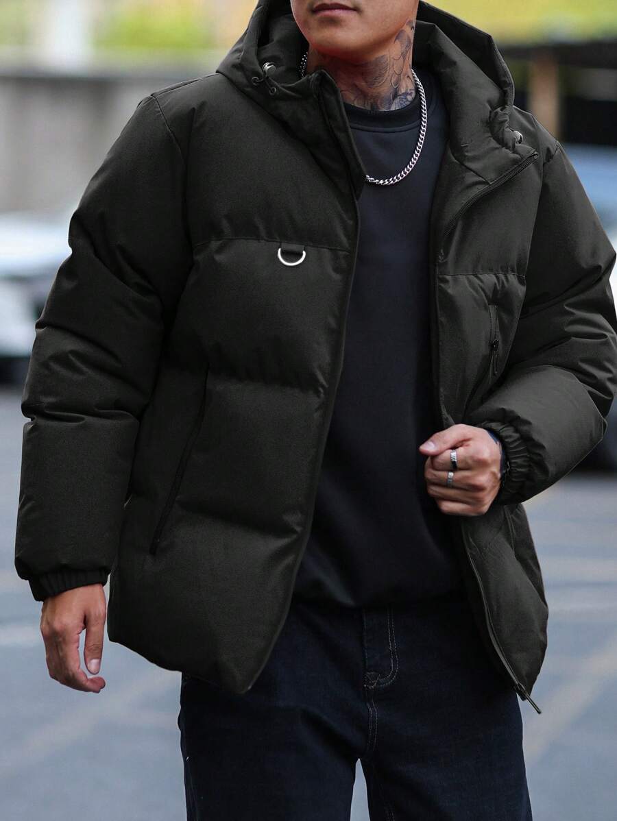 Manfinity Homme Men's Solid Color Front Zip Up Long Sleeve Minimalist Casual Men Hooded Winter Coat, Men Outerwear, For Fall