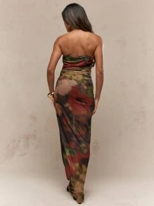 MISSGUIDED Printed Mesh Ruched Bodycon Bandeau Maxi Dress - Multicolor - View 2