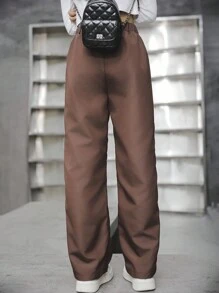 Tween Ribbon Print Pocket Fashion Casual Pants - Mocha Brown - View 2