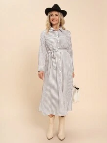 SHEIN LUNE 加大码条纹纽扣衬衫裙，秋季休闲装，办公室装扮节日装扮节日派对礼服加大码 - 黑與白 - 查看 7