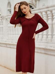 Aveloria Women 3D Floral Off Shoulder Ribbed Midi Sweater Dress, Fall Autumn/Winter - Red - View 5