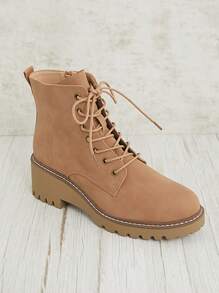 SHUZIA Bestseller Women's Taupe Lace-Up Ankle Boots With Stiching Wedge Sole – Chunky Heel With Rugged Outdoor Style - Khaki - View 3