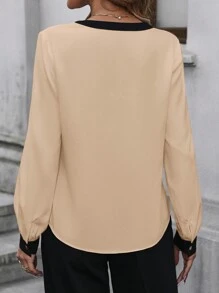 SHEIN Clasi Áo cánh đơn giản cổ chữ V màu trơn cho nữ dài tay - Màu Khaki - Xem 2