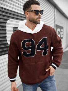 Manfinity Homme Sudadera con capucha informal de talla grande para hombres con bordado de letra y contraste de colores para otoño/invierno - Marrón - Ver 1