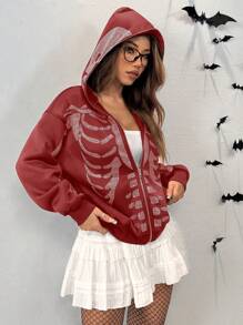 SHEIN EZwear Damen Herbst Langarm Reißverschluss Vorne Kapuze Strass Totenkopf Print Lose Sweatshirt