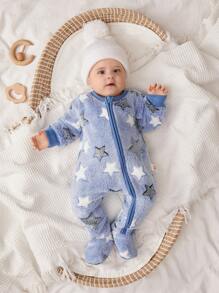 Cozy Pixies Newborn Baby Boy Star Pattern 3D Ear Hooded Long Sleeve Romper And Pants Set, Casual All-Match Thick Warm Outfits For Autumn/Winter - Blue - View 4