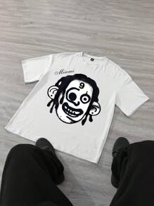 Manfinity EMRG 男士 T 恤，男士青春街头风格卡通图案印花宽松白色短袖 T 恤，正反面双面图案印花，图案 T 恤，趣味 T 恤，白色男士 T 恤 - 白色 - 查看 1