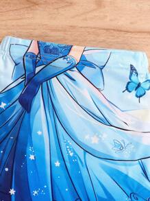 年轻女孩卡通印花圆领上衣和迷你裙套装，休闲秋季 - 藍色 - 查看 5